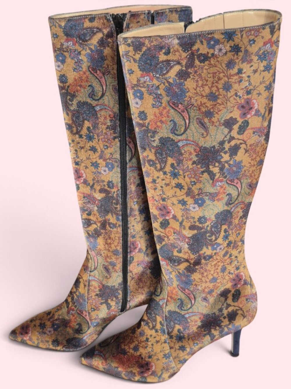 RON WHITE Cher Geisha Printed Velvet Tall Boot Old Gold, Size 37.5